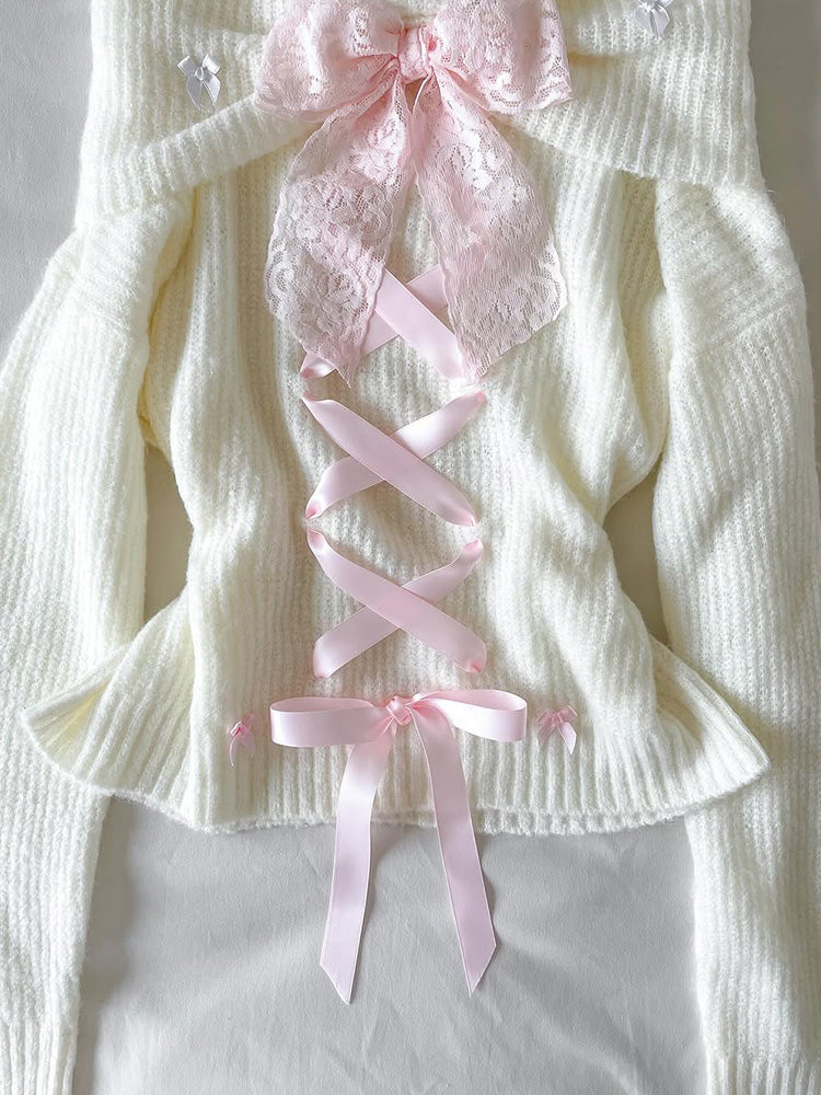 coquette strapped bow one-shoulder sweater