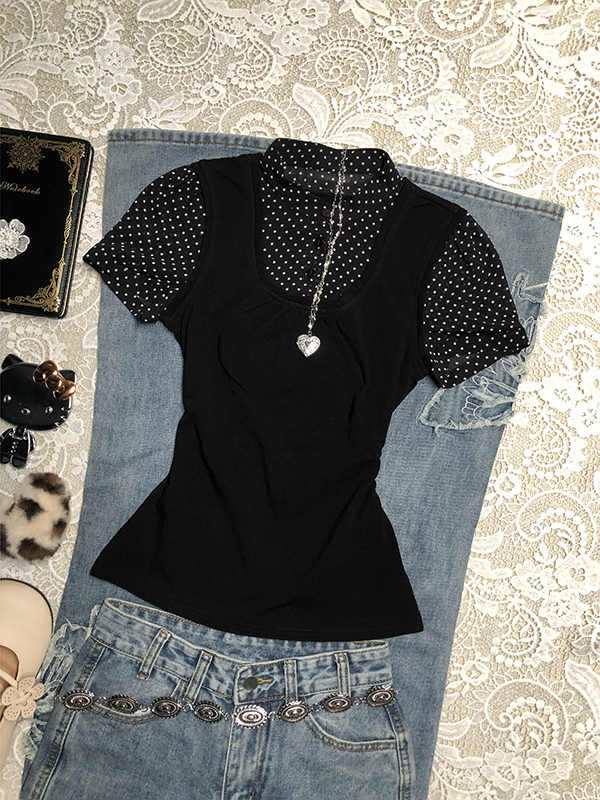 Black Spliced Polka Dot Shirt