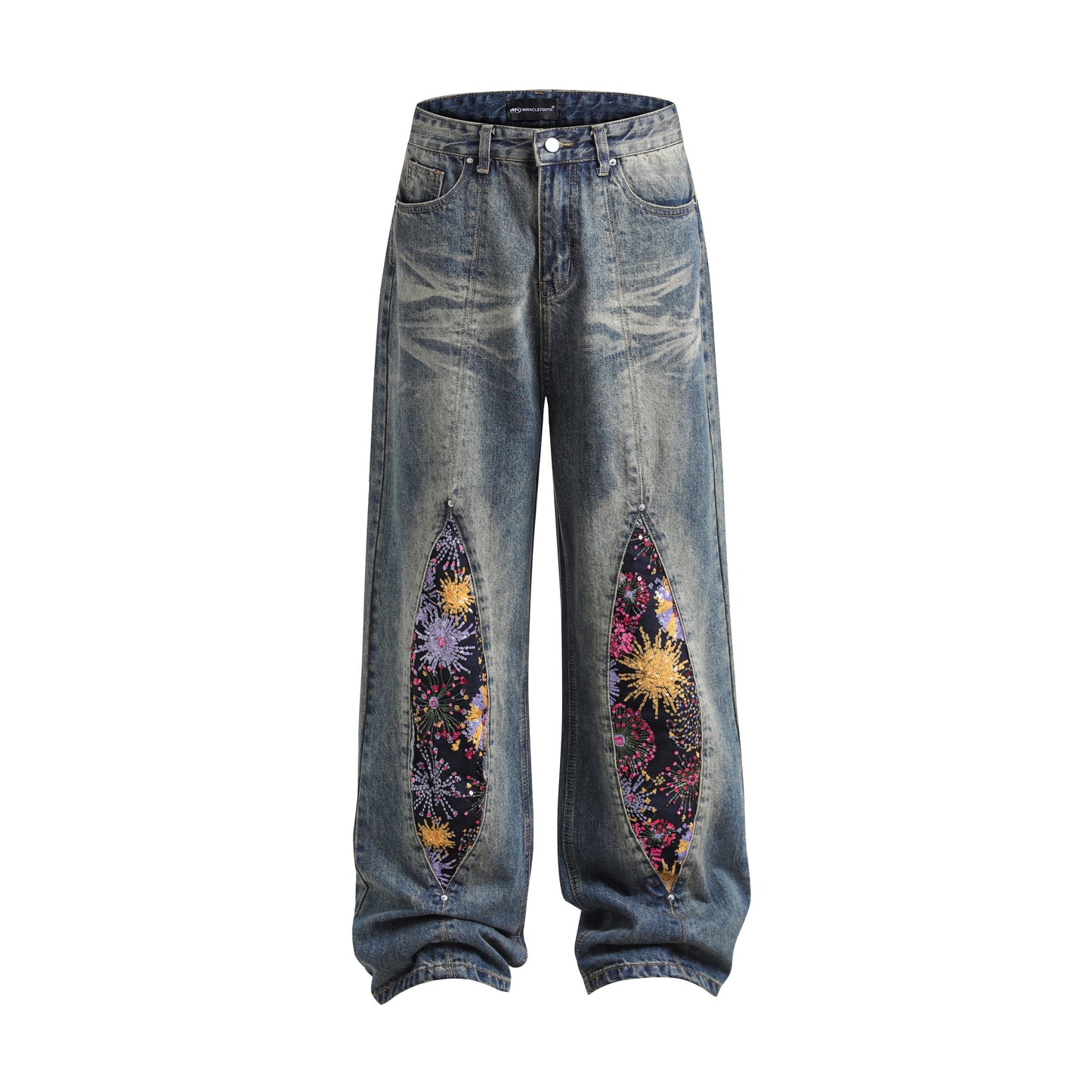 Vintage embroidered firework patchwork jeans