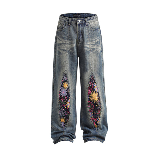 Vintage embroidered firework patchwork jeans