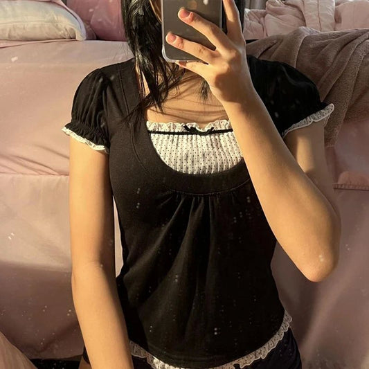 Korean Kawaii Patchwork Women T-shirt Y2K Aesthetic Vintage