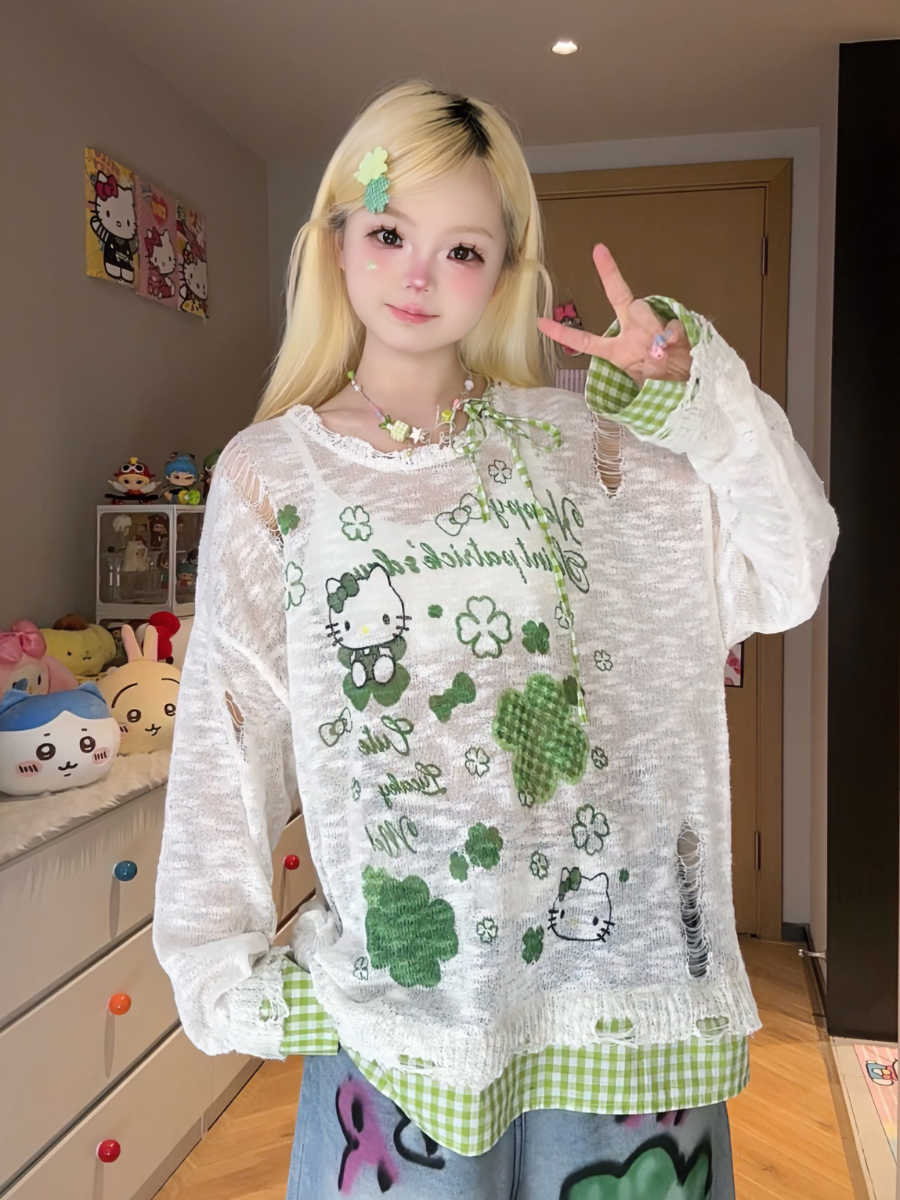 Plant Cartoon Plaid Long-sleeved Top