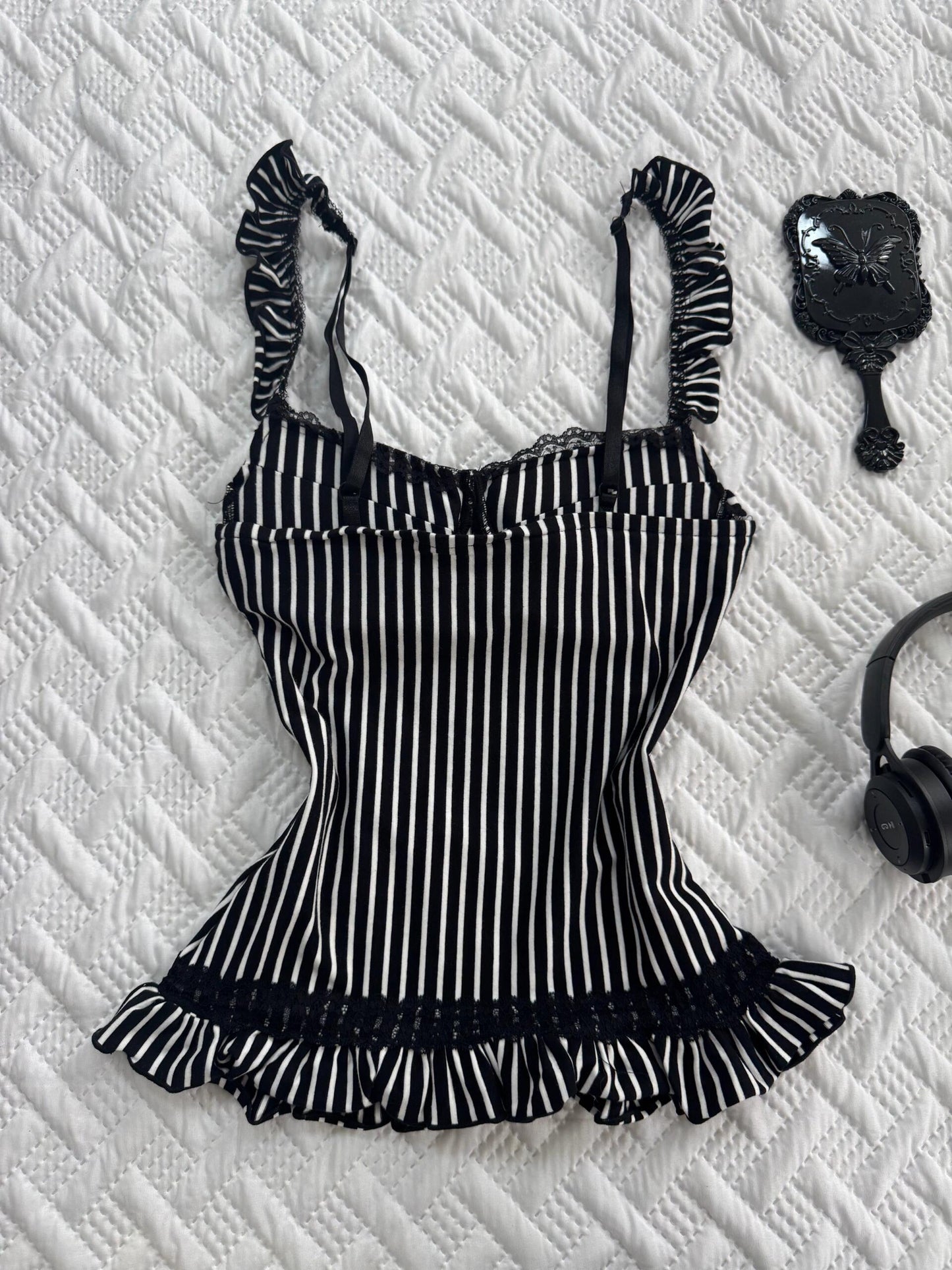 dark coquette Bow lace striped tank top