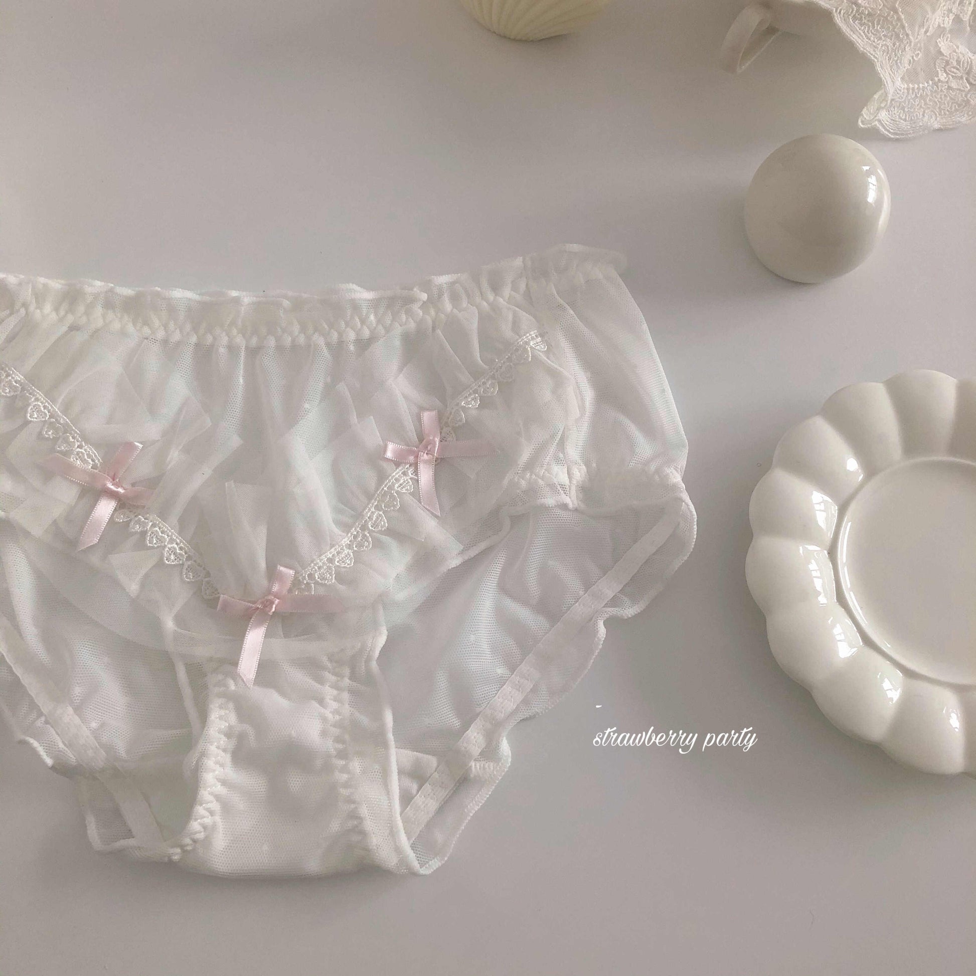 Strawberry Bow Mesh Coquette Panties