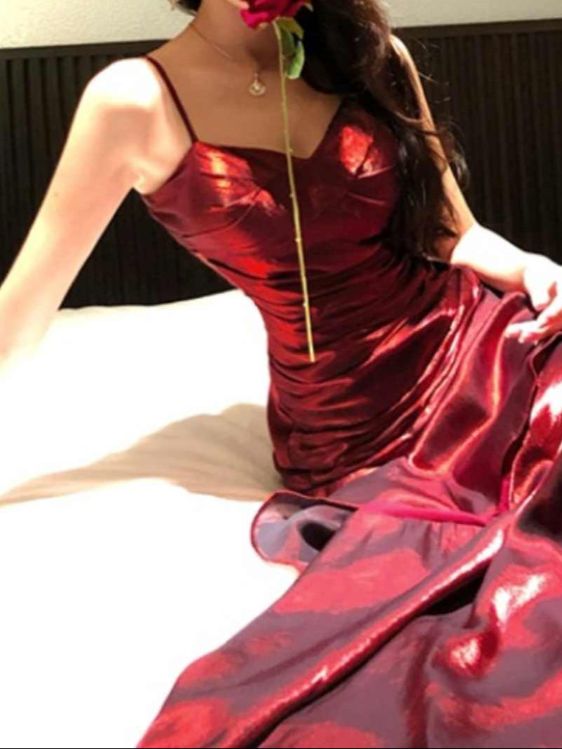 Burgundy Satin Fishtail Prom Dress