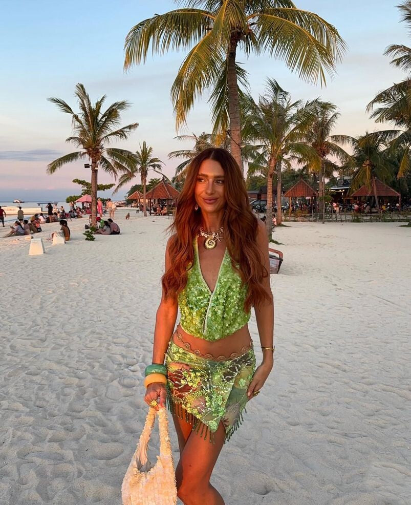 Floral Sequined Tie-Side Tassel Bikini Skirt