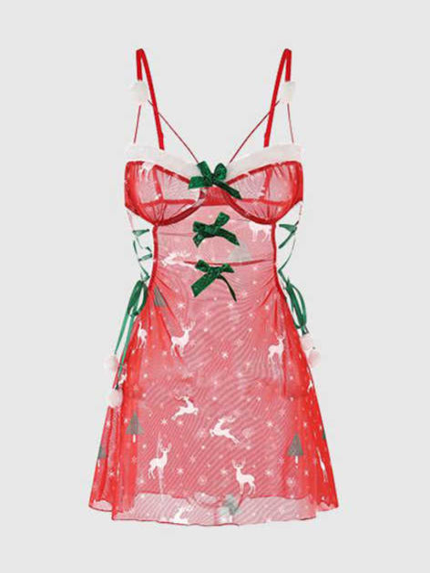 Christmas Mesh Suspender Nightgown