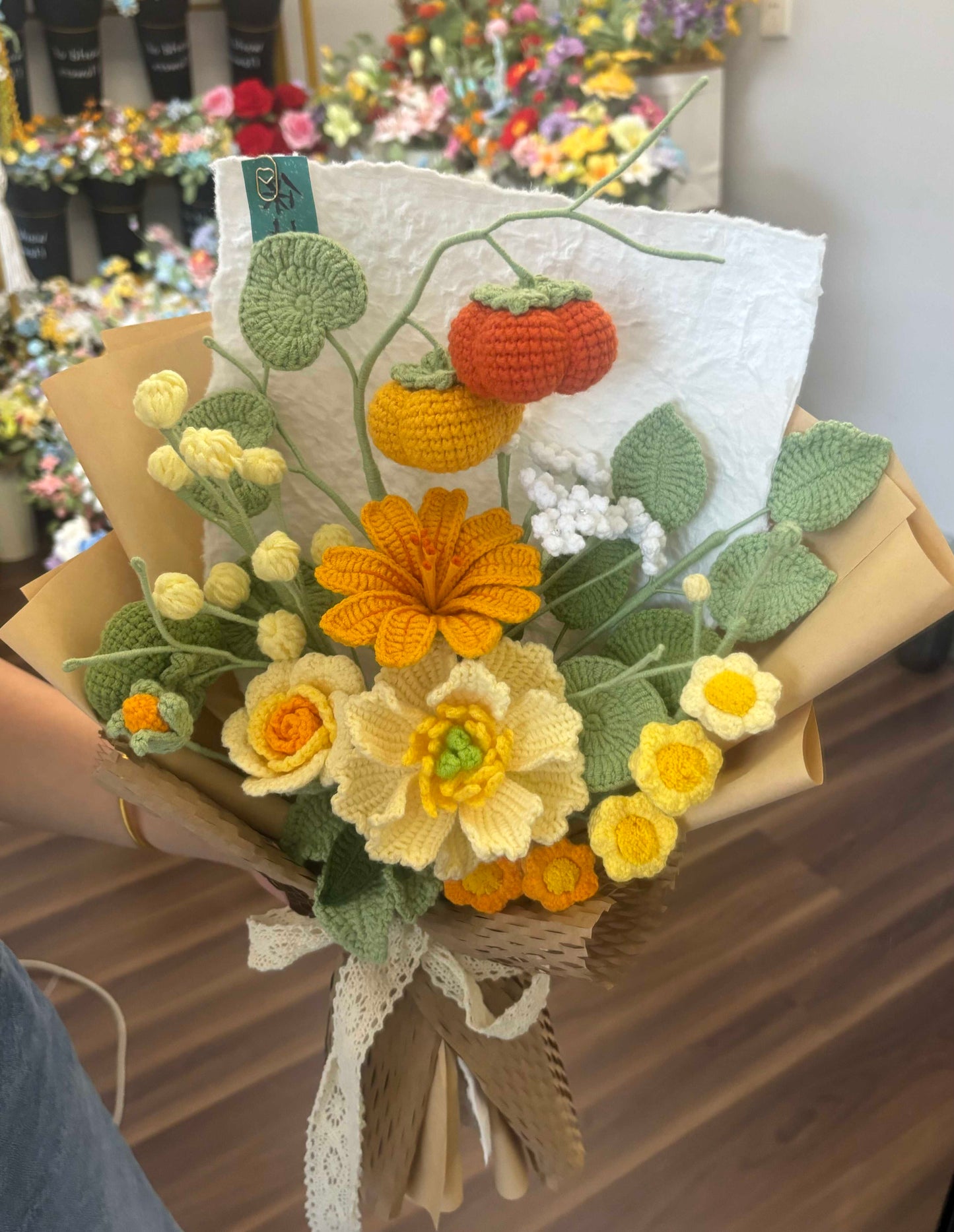 Finished hand-knitted wool crochet bouquet