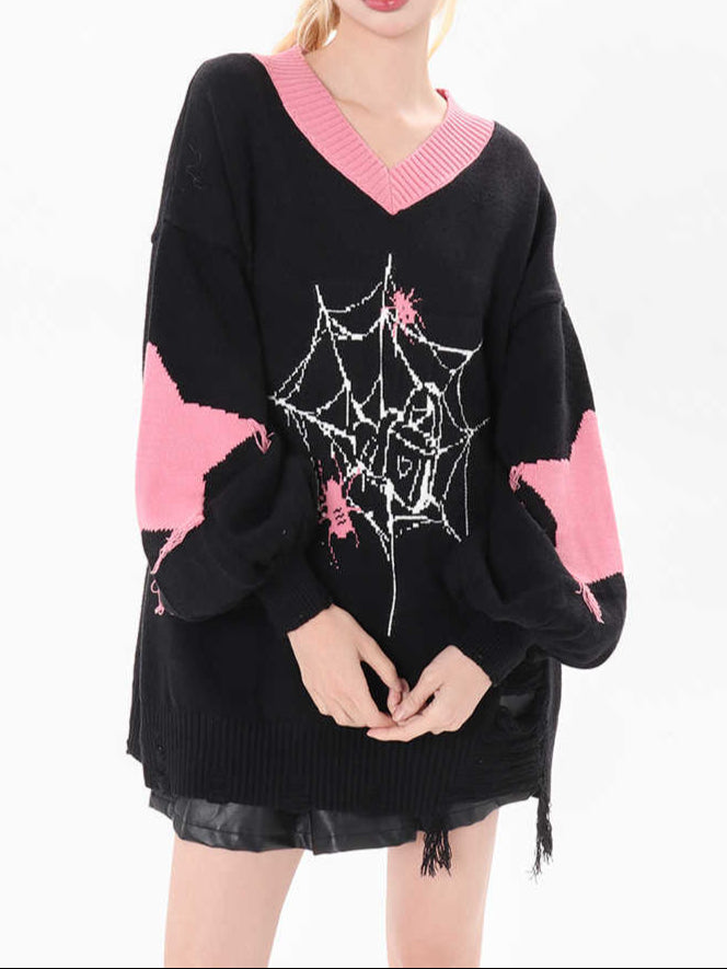 Soft Goth Spider V-neck Sweater