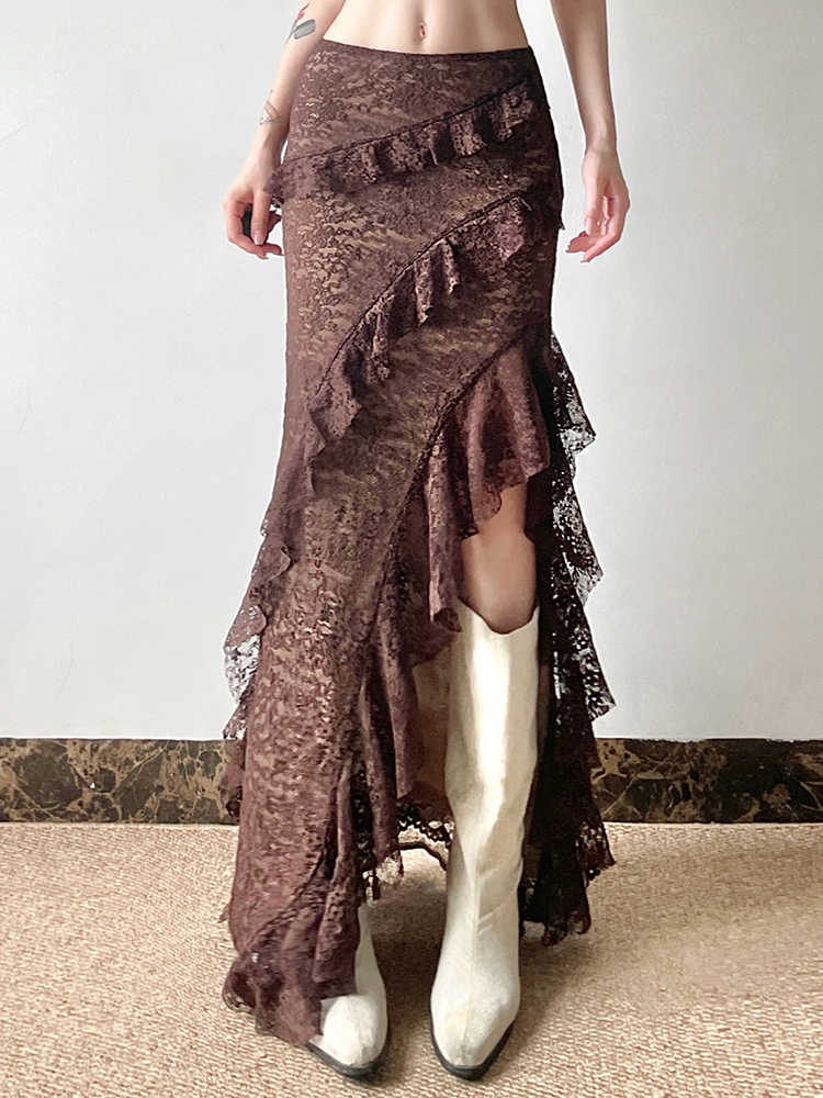 Fairy Grunge Brown Lace Split Skirt