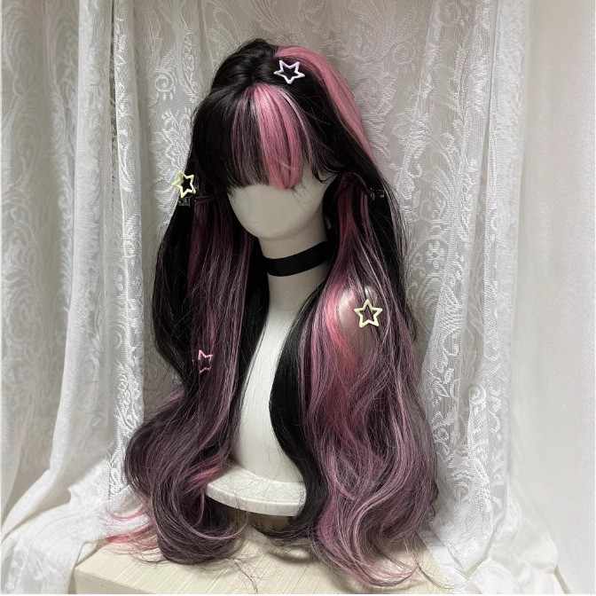 Black&Pink Long Curly Wig