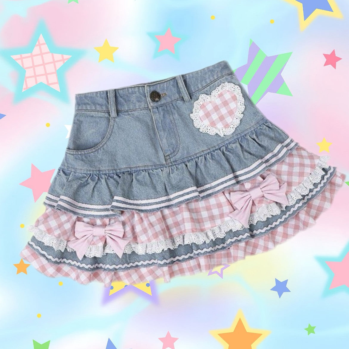 Bow Lace Trim Pink Plaid Denim Mini Skirt