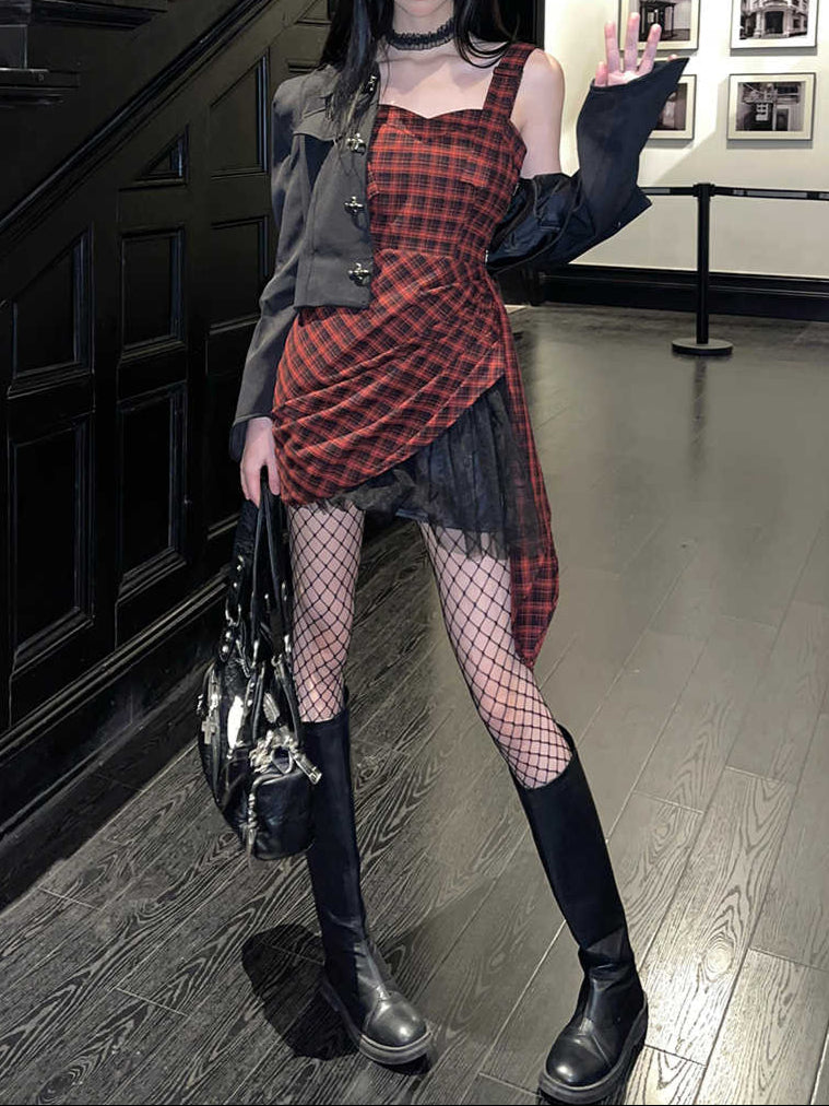 Goth Red Plaid Irregular Dress