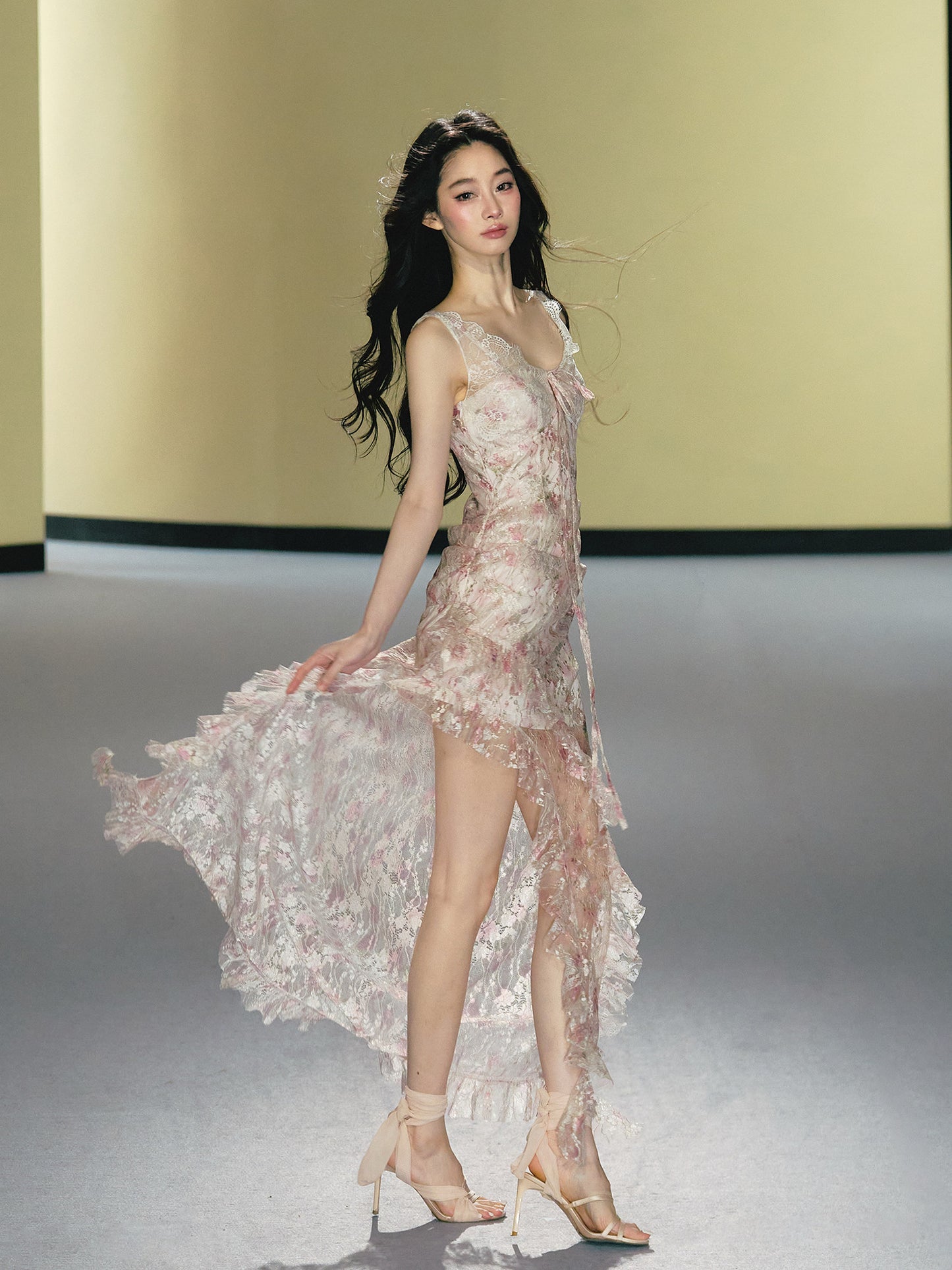 Misty pink lace patchwork fitted cami maxi dress