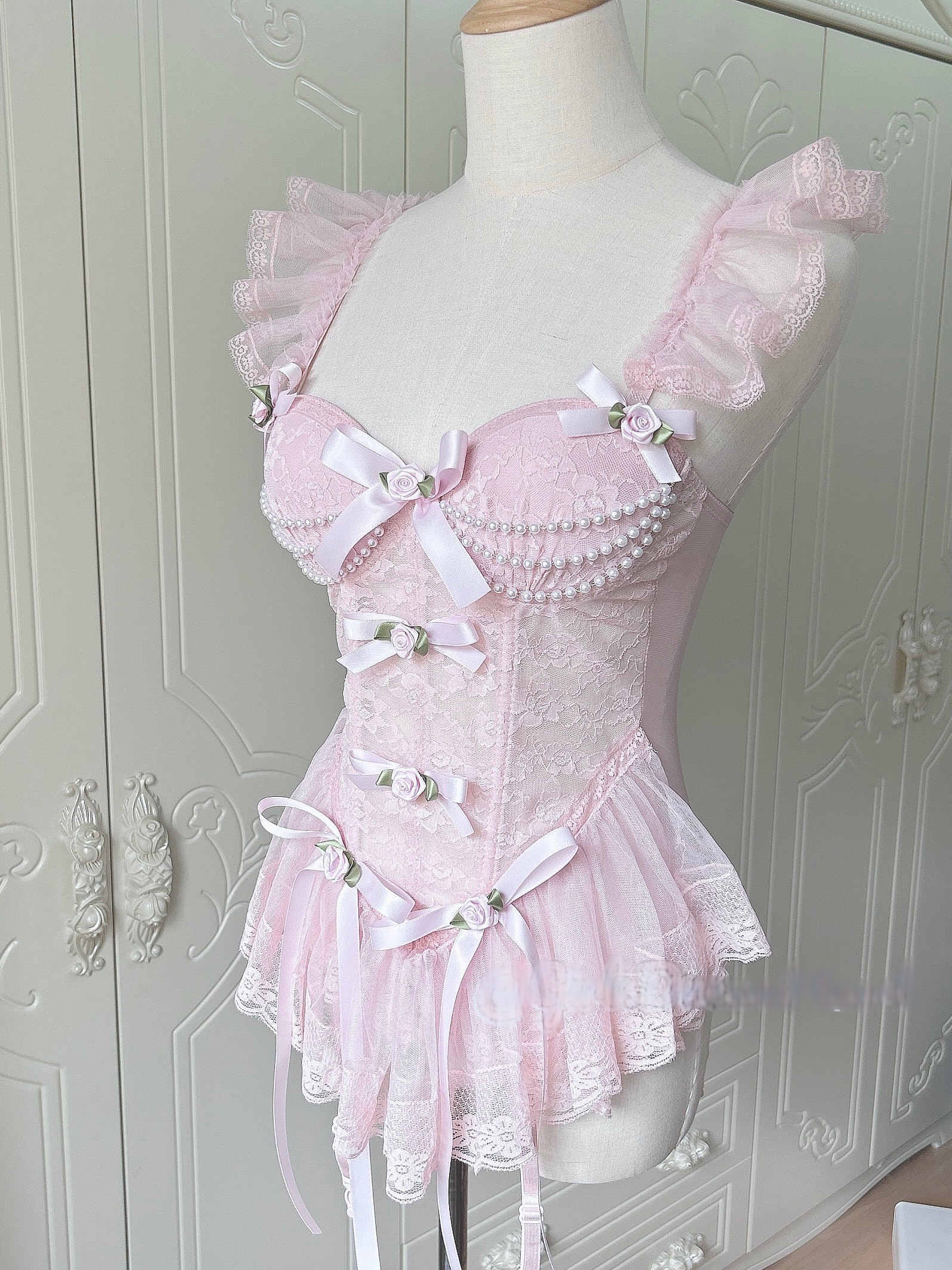 Dollete Lace Bows Fishbone Pink Corset