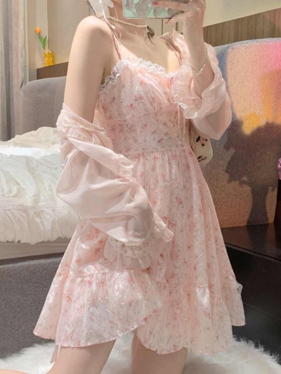 Pink Floral Chiffon Suspender Dress