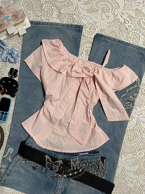 Retro Pink Off-shoulder Striped Shirt