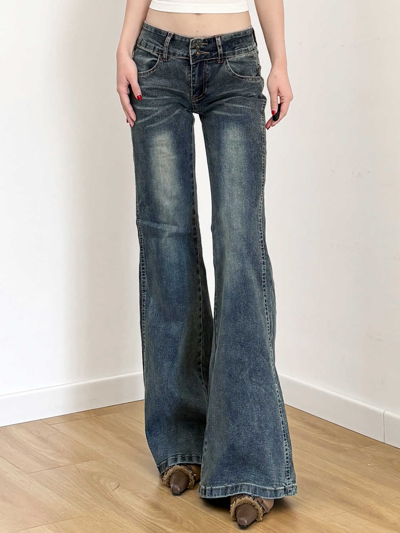 Y2K Retro Distressed Blue Bell Bottom Jeans