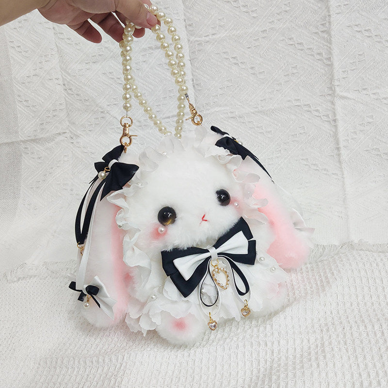 black bow plush rabbit pearls bag
