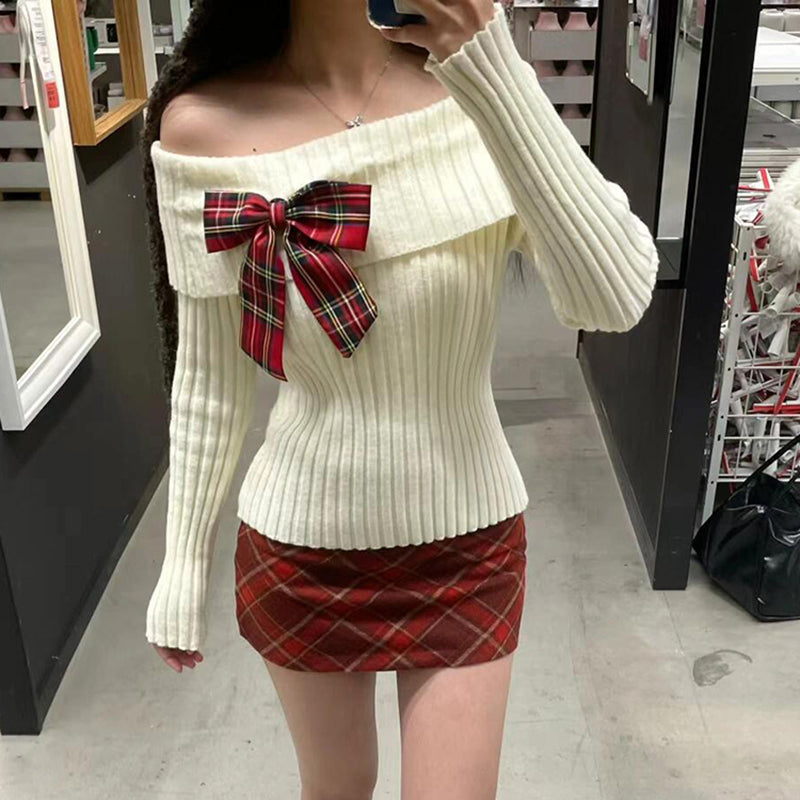 Christmas Bow White Off the Shoulder Sweater