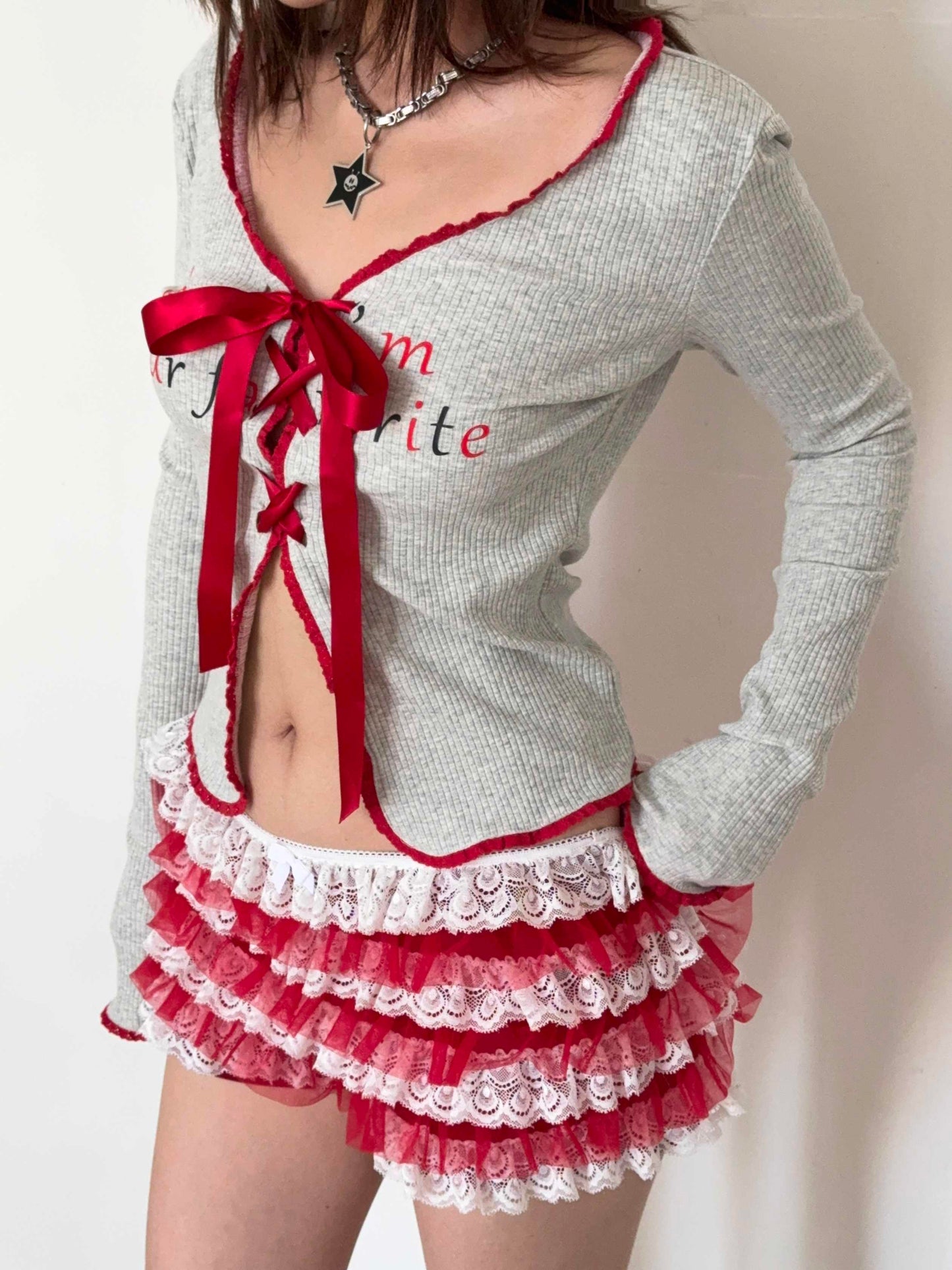 Gray Bow Red Ribbon Knit Cardigan