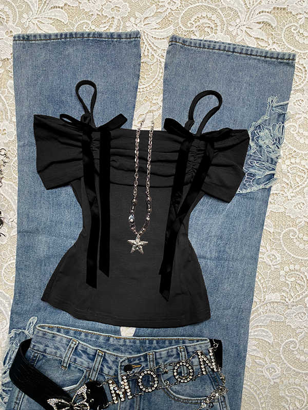 Off-shoulder Straps Vintage T-shirt