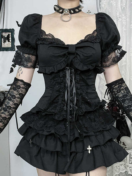 Black Lace Puff-sleeved Top