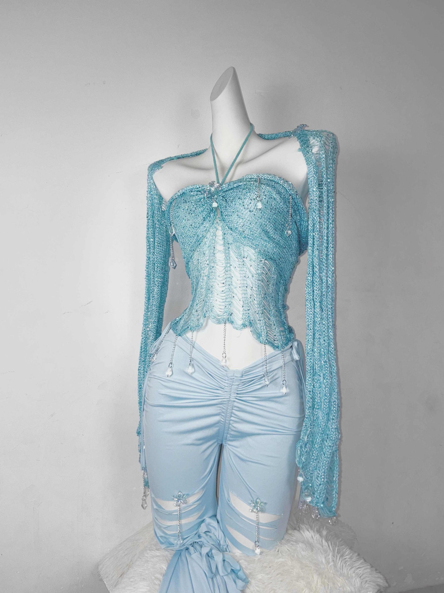 Blue Sequined Handmade Crochet Tube Top