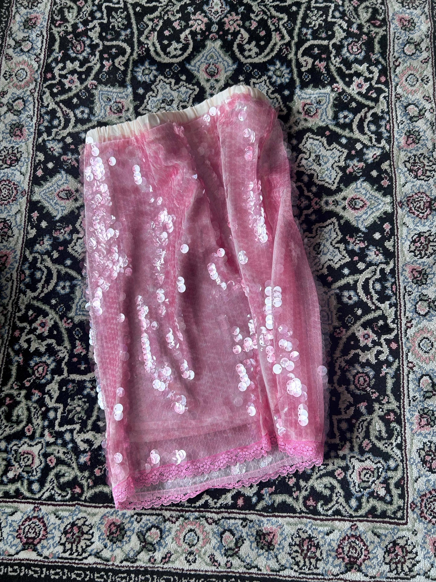 Pink Sequined Lace Trim Skirt
