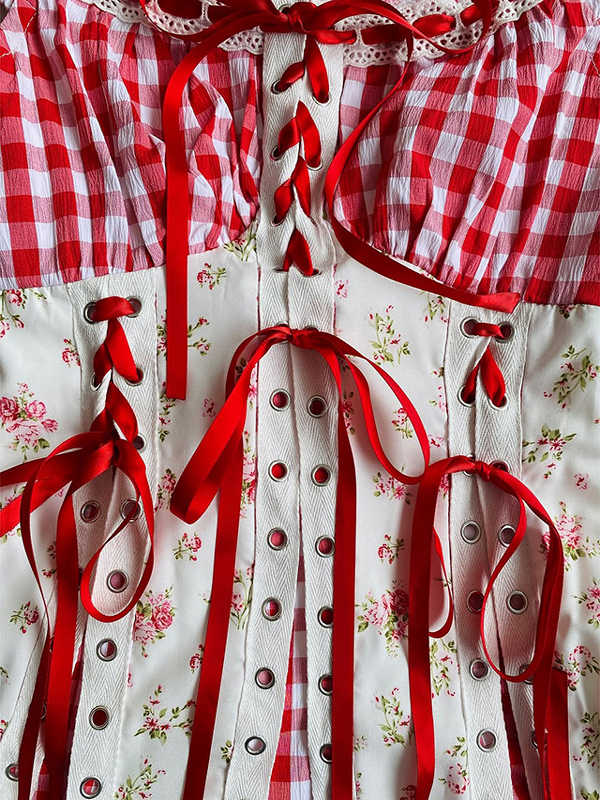 Red Plaid Patchwork Suspender Dress