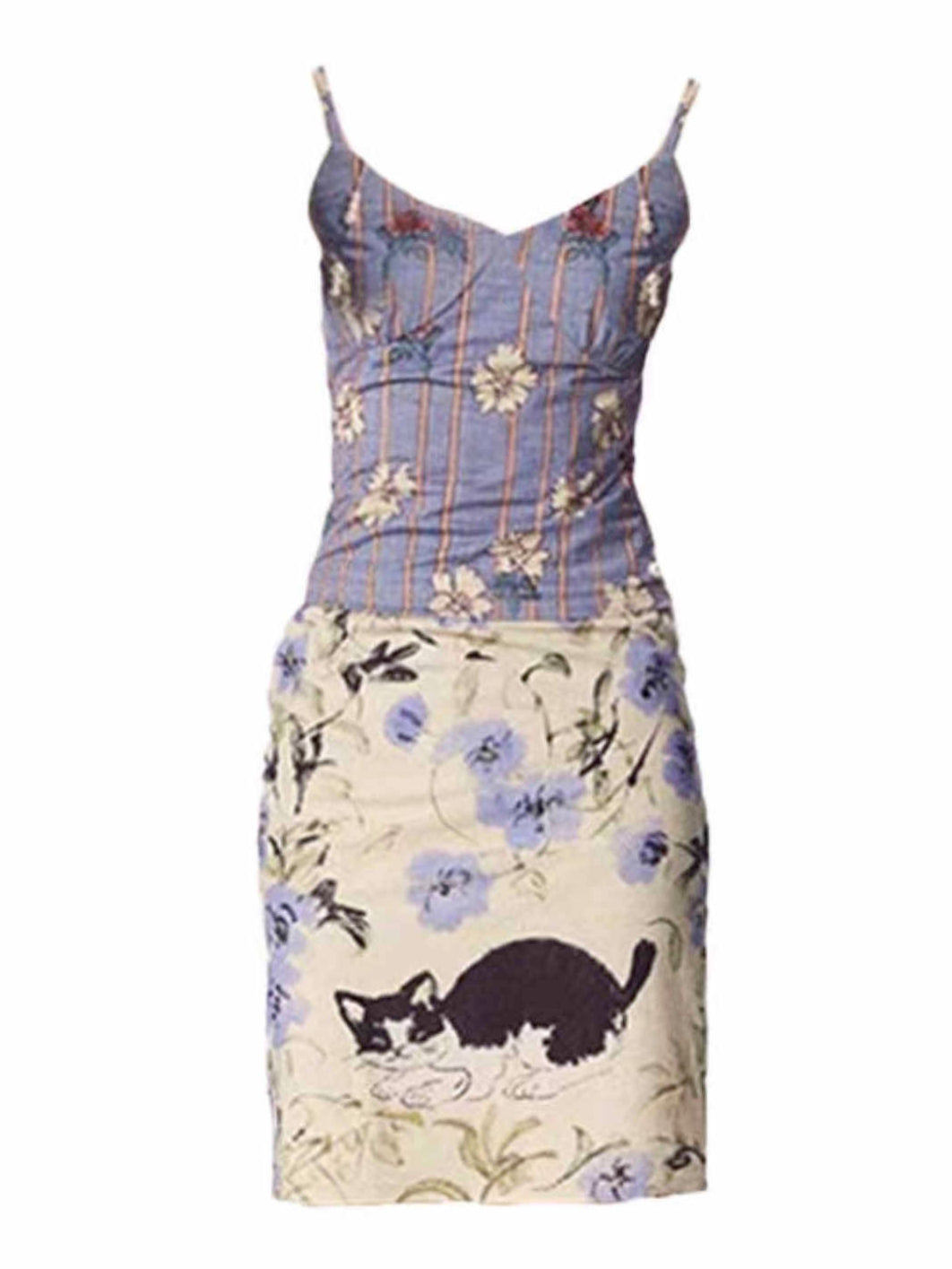 Retro Floral Cat Print Suspender Dress