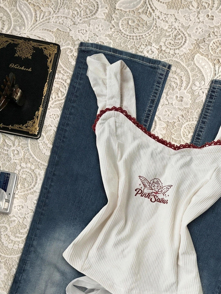 angel red lace white tank top