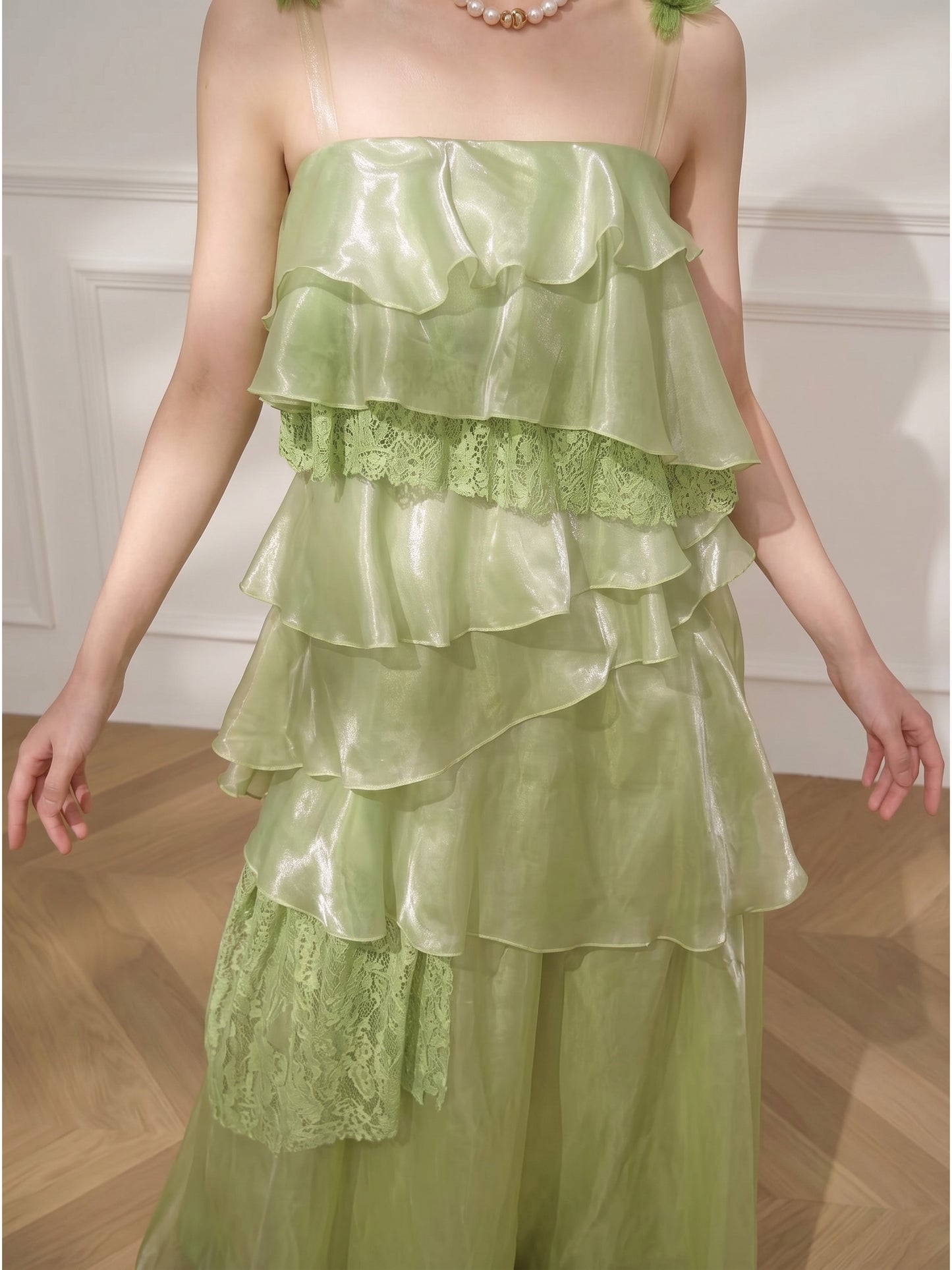 Stylish green strapless/halter layered cake maxi dress
