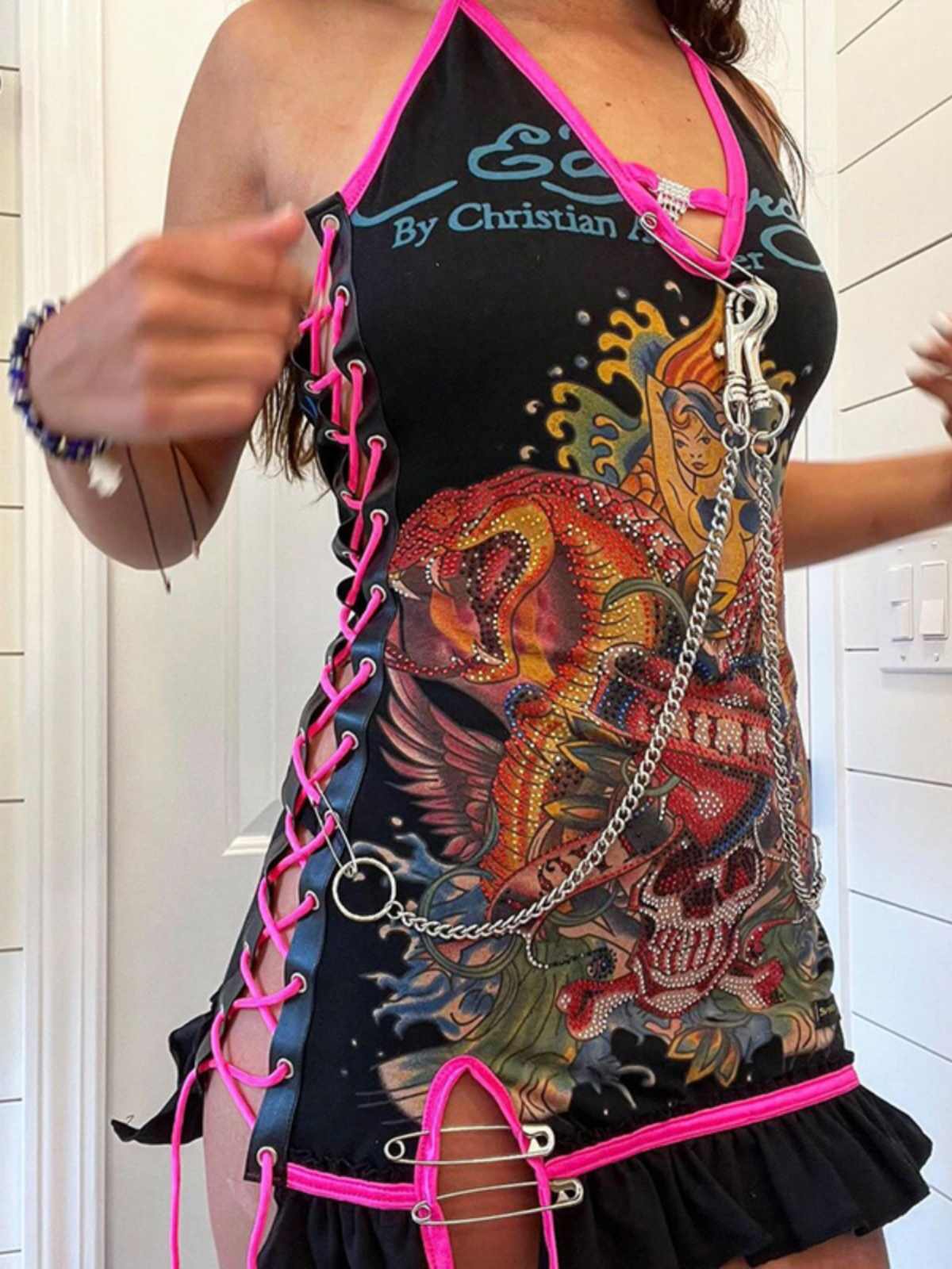 Y2K Skull Halter Neck Strap Dress