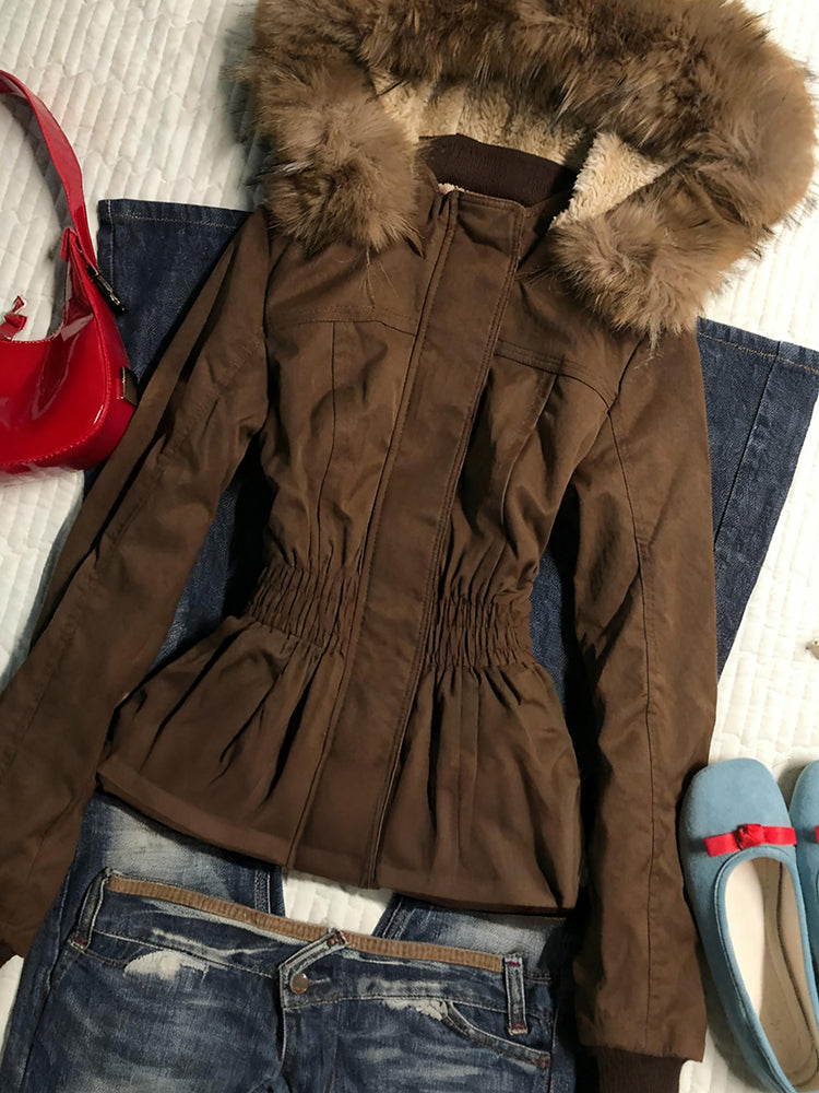 brown retro fur collar hooded waist slimming velvet overcoat