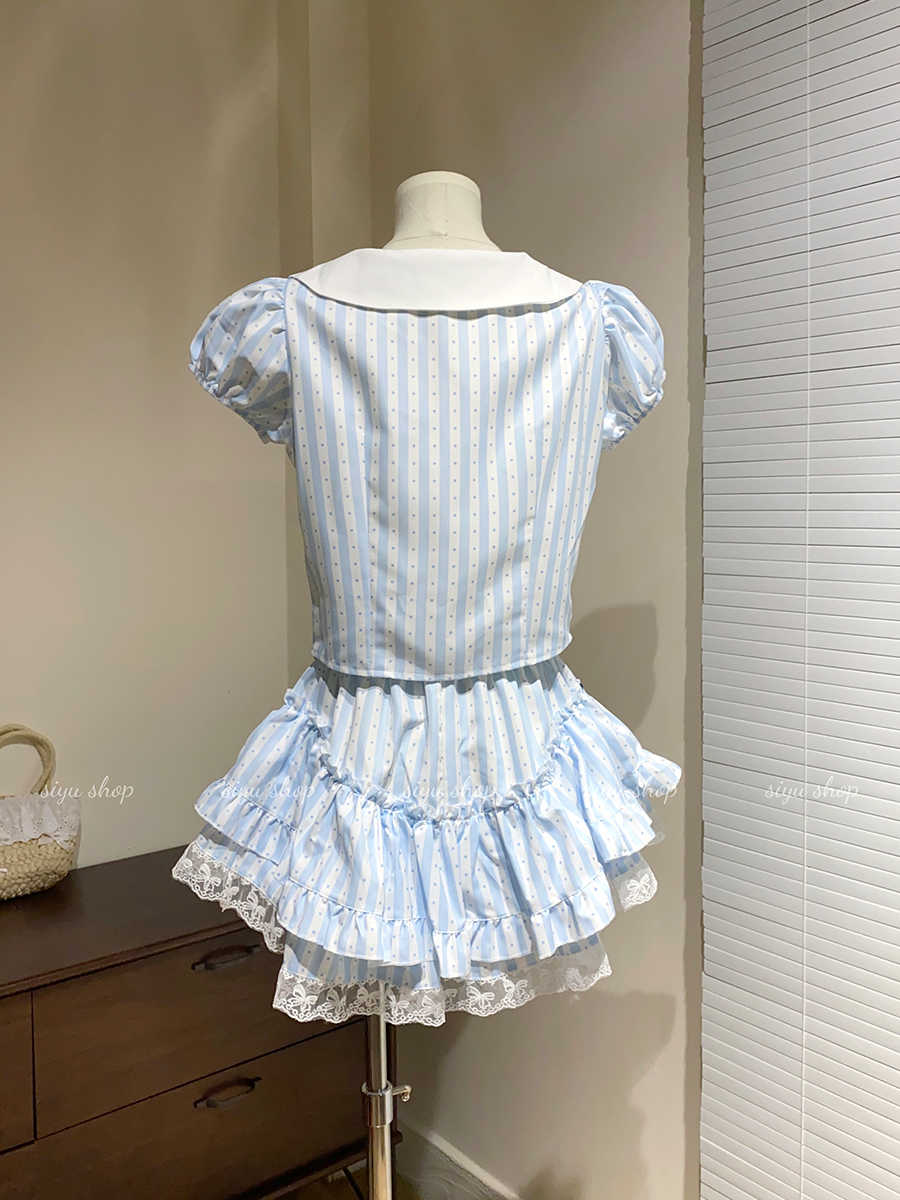 Retro Striped Bow Top Cake Skirt Suit