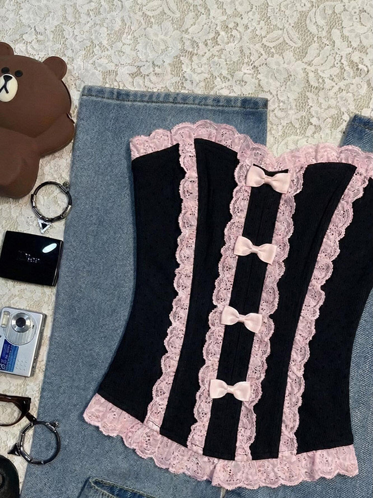 pink lace bow black crop top