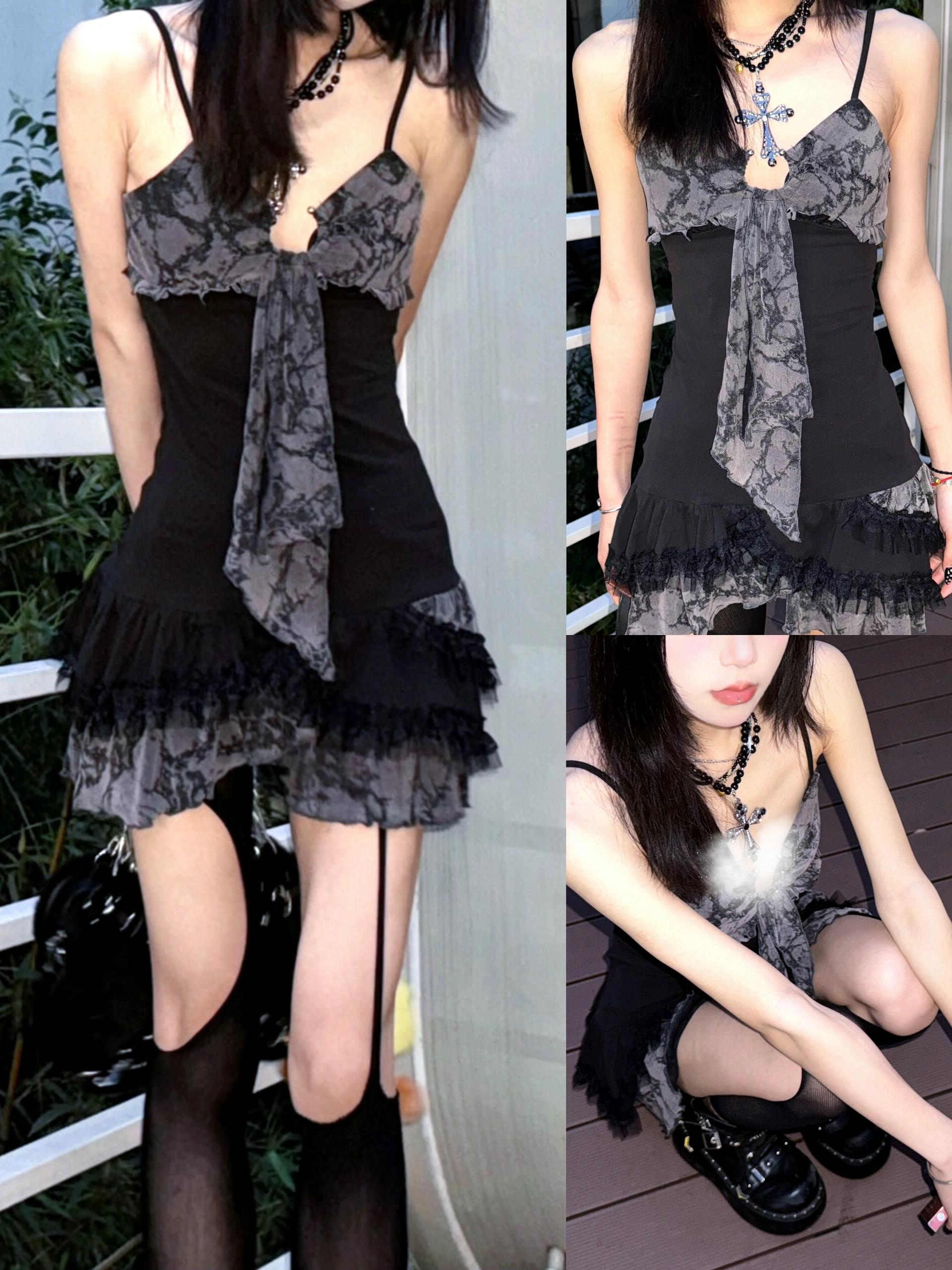 Grunge Dark Lace Splicing Suspender Dress