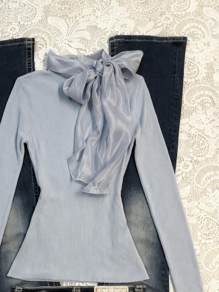 retro blue ribbon long-sleeved shirt