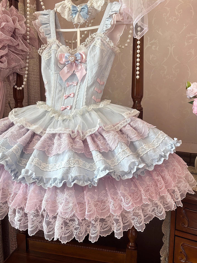 Balletcore Lolita Blue-Pink Puff Balloon Birthday Princess Dress