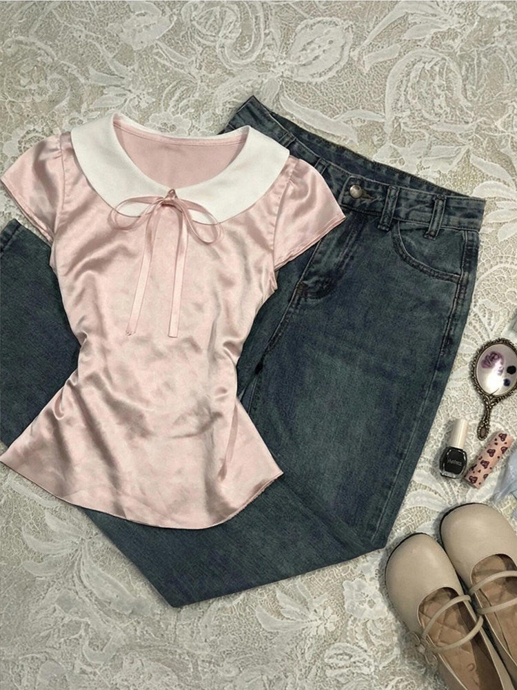 peter pan collar pink shirt