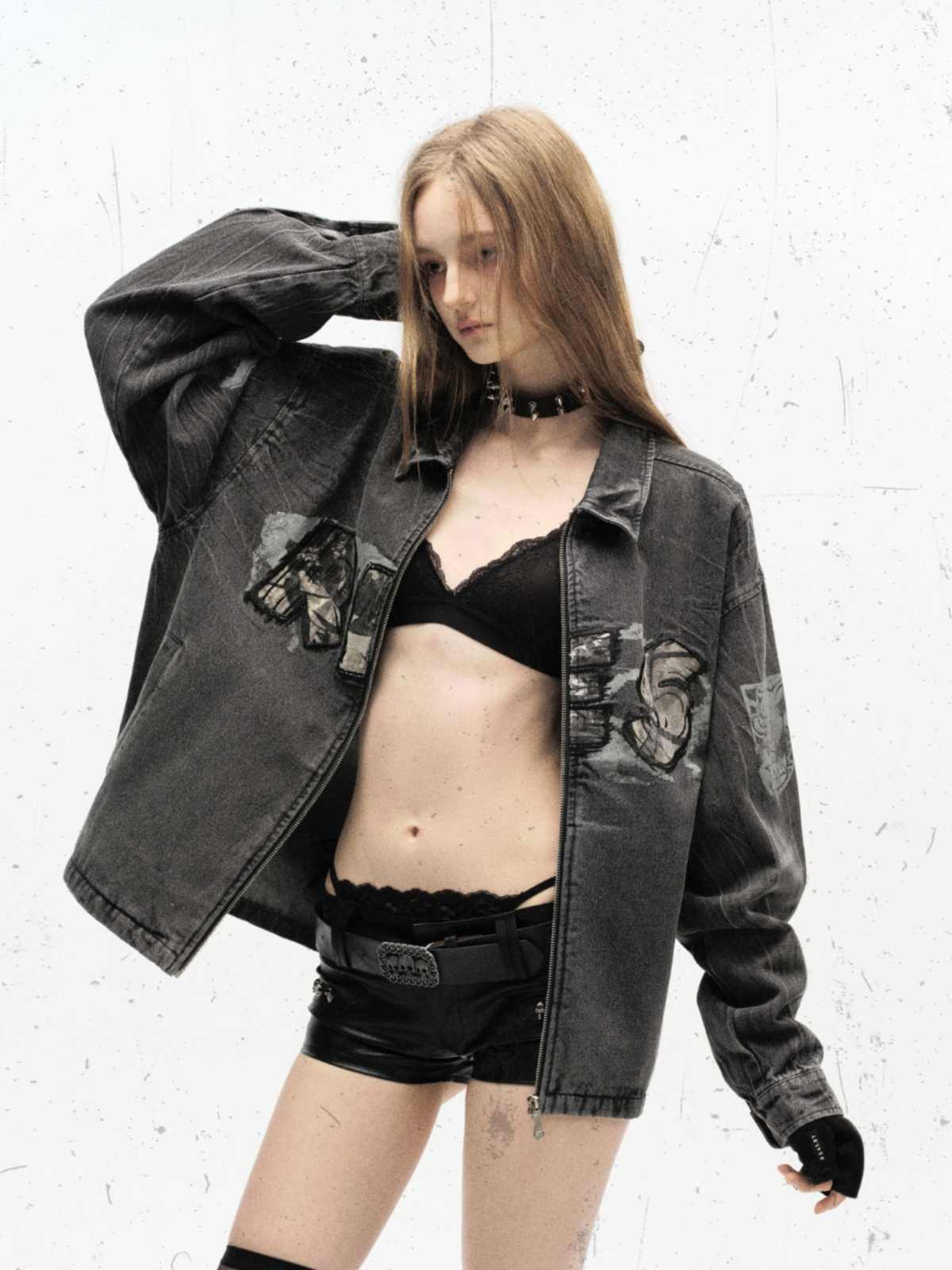 Grunge Camouflage Patchwork Denim Jacket