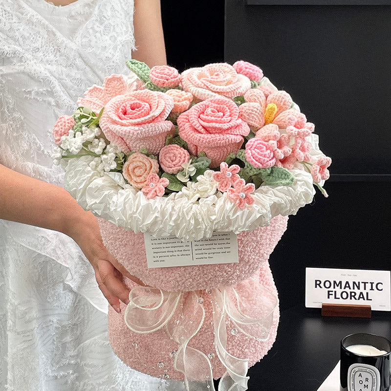 Hand-knitted crocheted wool flowers bouquets