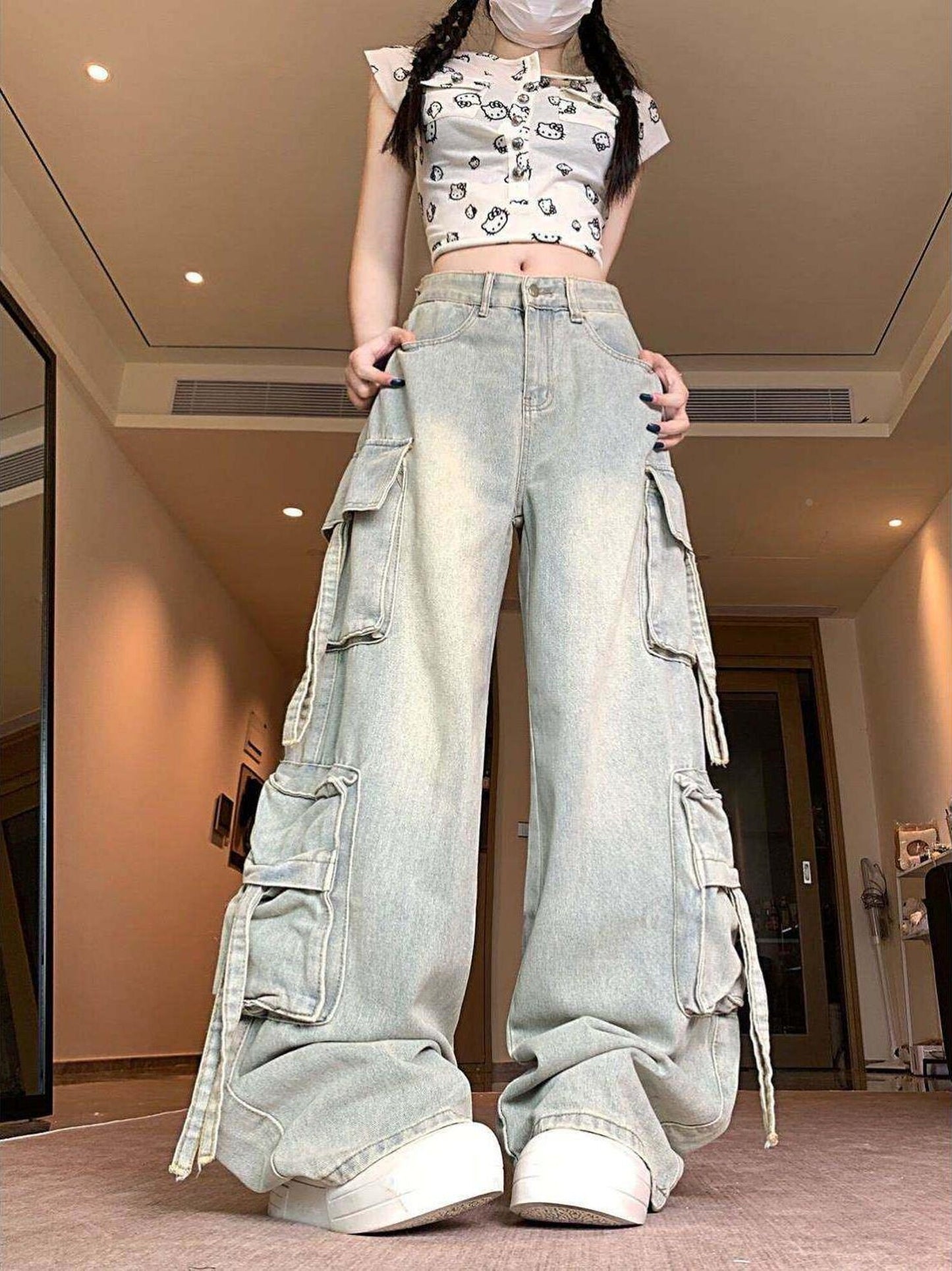 High-Waist Cargo Pocket Jeans