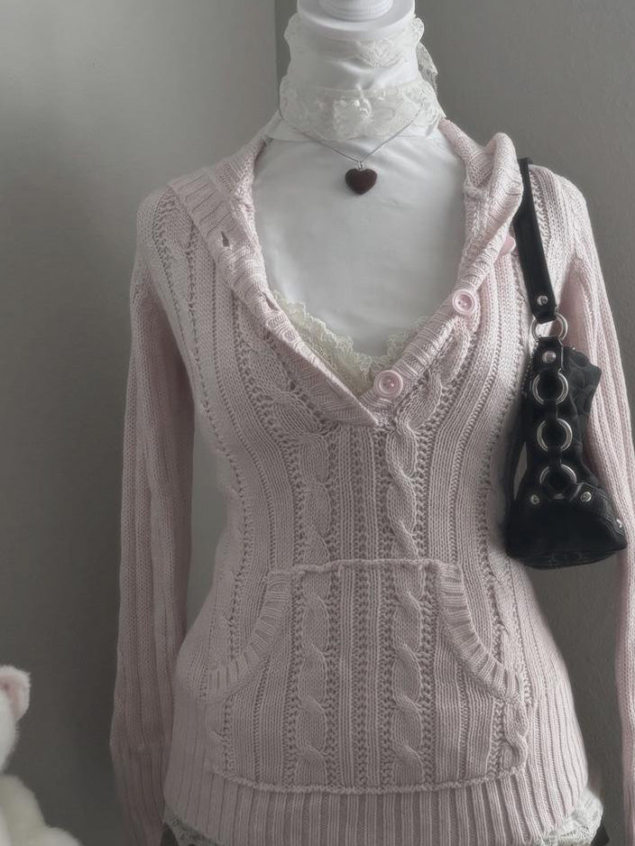 y2k coquette V-neck hooded twist sweater