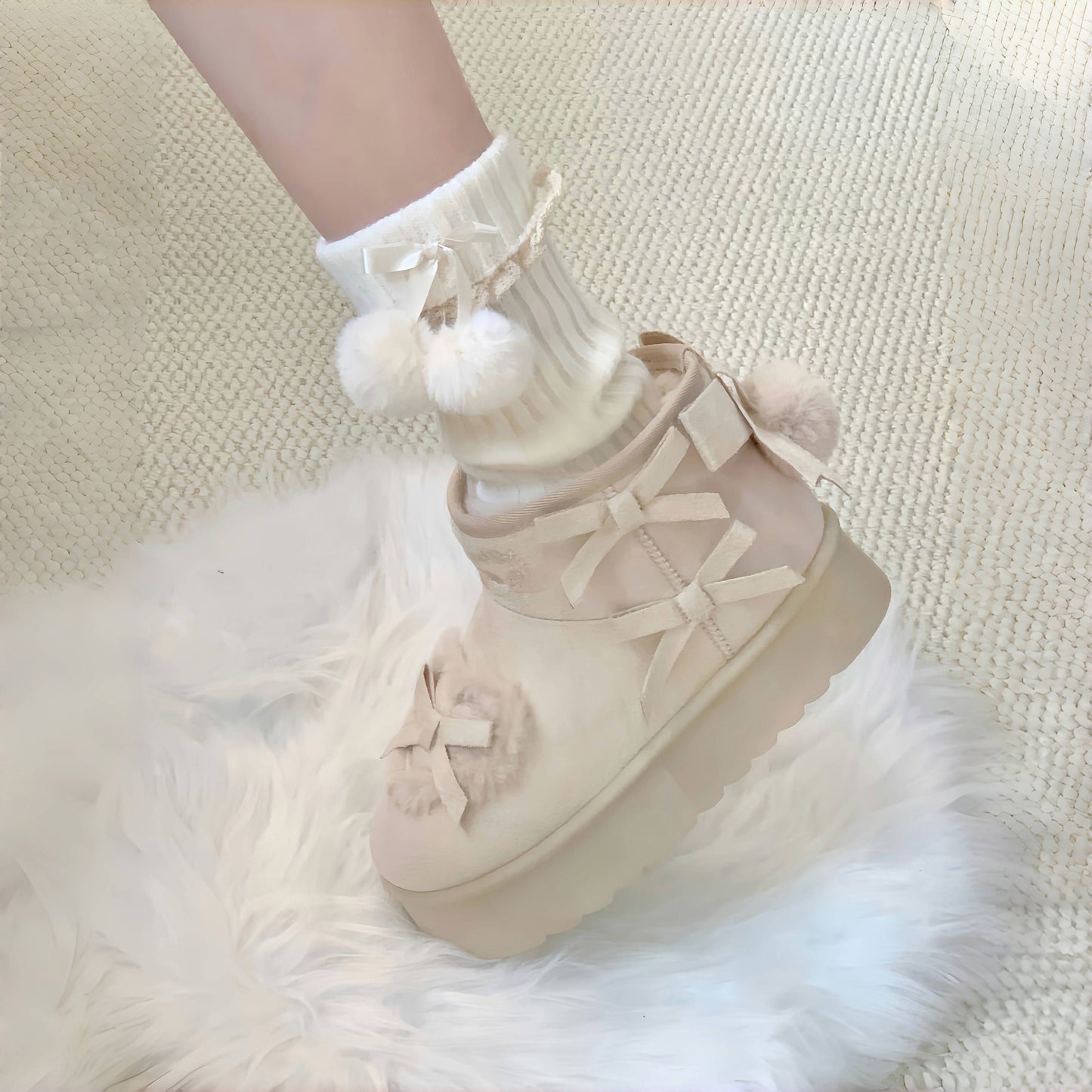 pink velvet heart-knot thick-soled snow boots