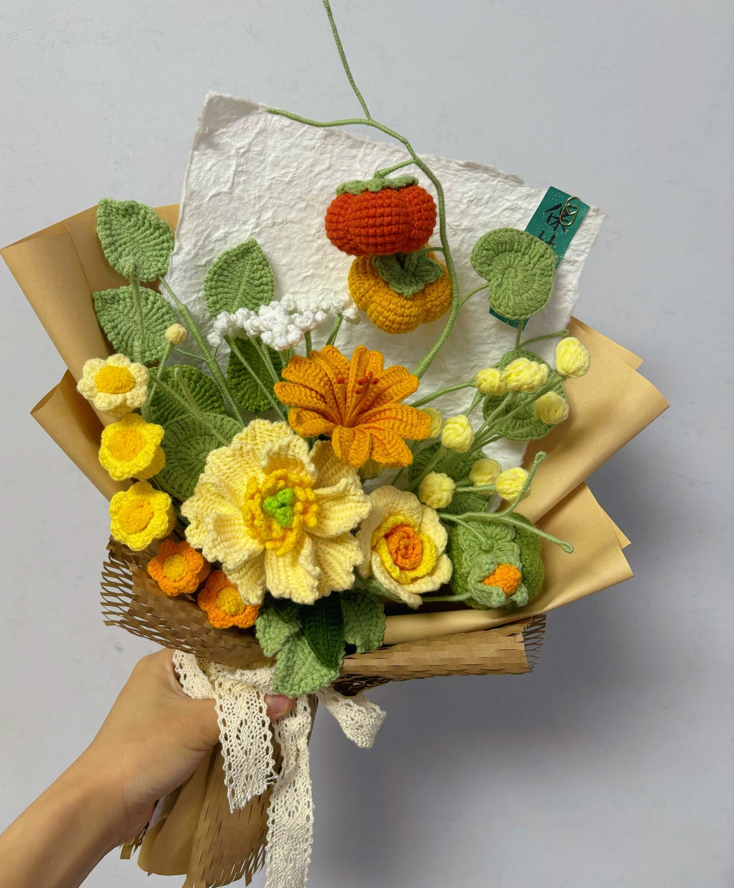 Finished hand-knitted wool crochet bouquet