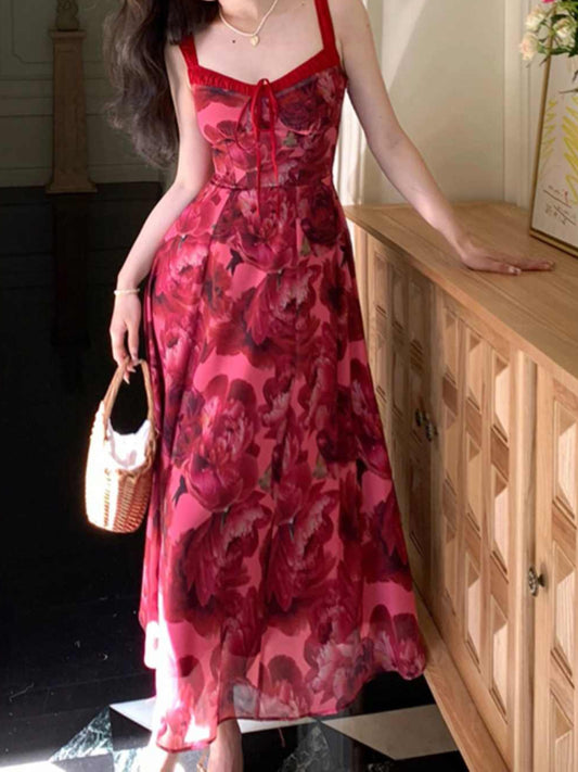 French Red Floral Suspender Dress