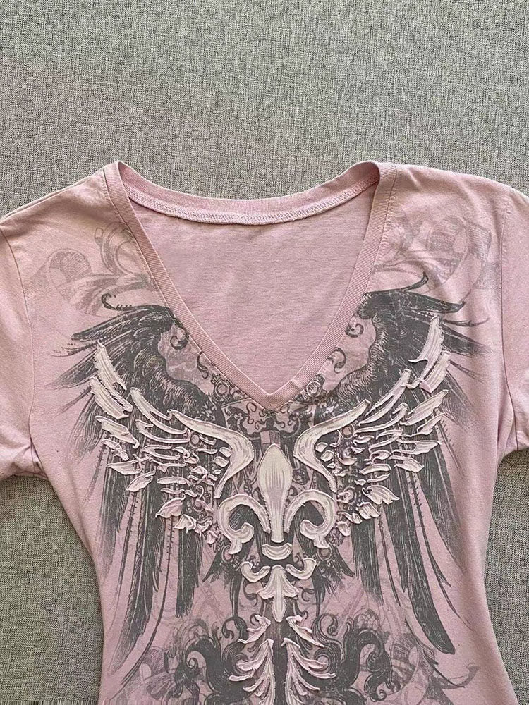 Vintage pink V-neck short-sleeve T-shirt