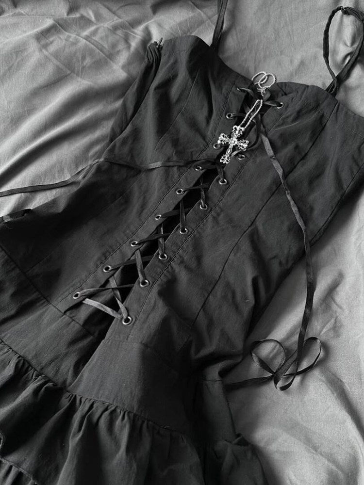 retro gray ruffled corset dress